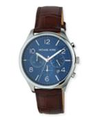 42mm Merrick Chronograph Watch W/ Leather Strap, Brown/blue