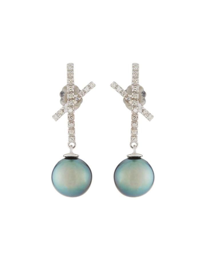14k Tahitian Pearl & Diamond X Bar Drop Earrings