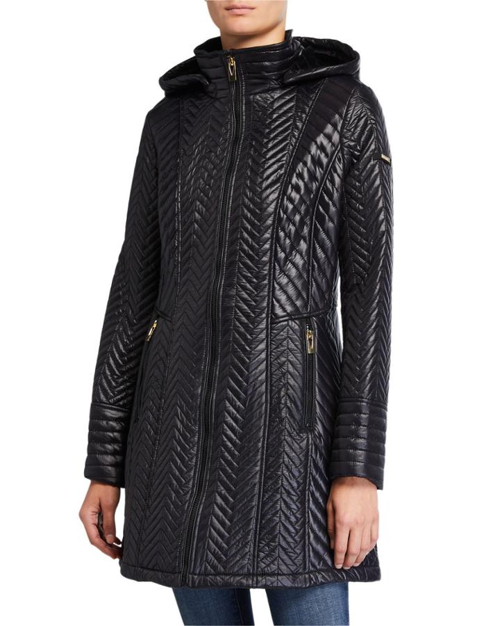 Chevron Stand Collar Quilted Coat