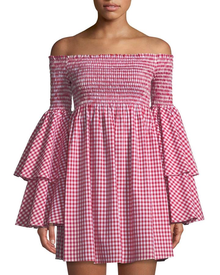 Appolonia Off-the-shoulder Bell-sleeve Gingham Dress