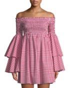 Appolonia Off-the-shoulder Bell-sleeve Gingham Dress