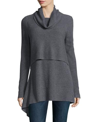 Ribbed Double-layer Cowl-neck Pullover