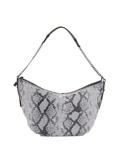 Snakeskin-embossed Leather Hobo Bag, Black