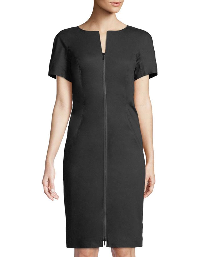 Deja Zip-front Bi-stretch Sheath Dress, Black