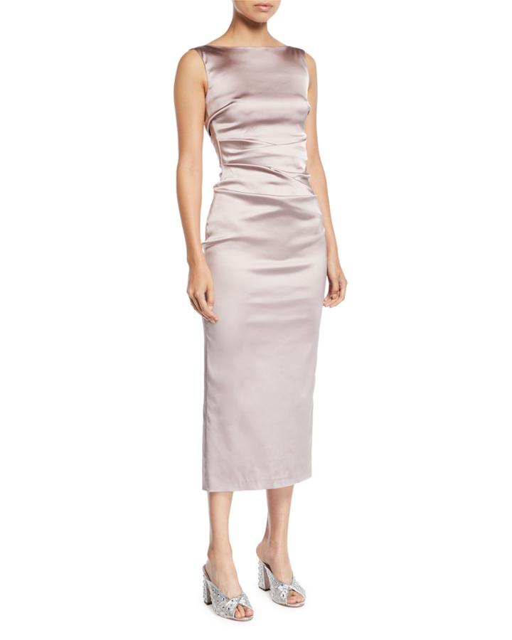 Sleeveless Boat-neck Ruched Satin Body-con Midi Cocktail Dress