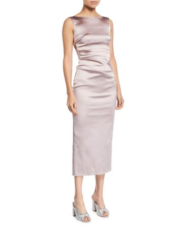 Sleeveless Boat-neck Ruched Satin Body-con Midi Cocktail Dress