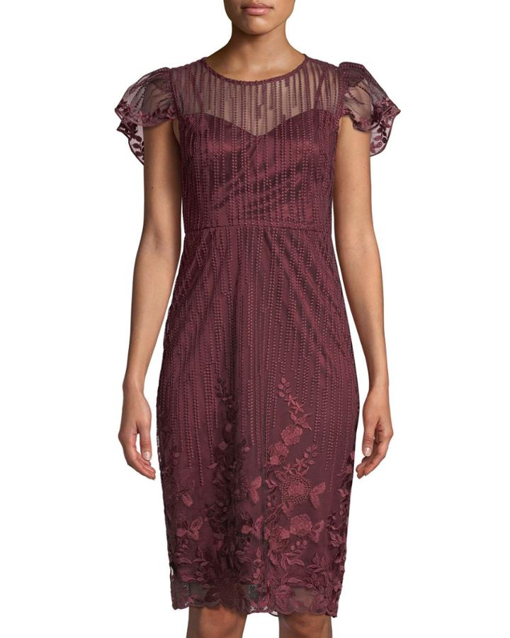 Flutter-sleeve Embroidered Mesh Cocktail Dress