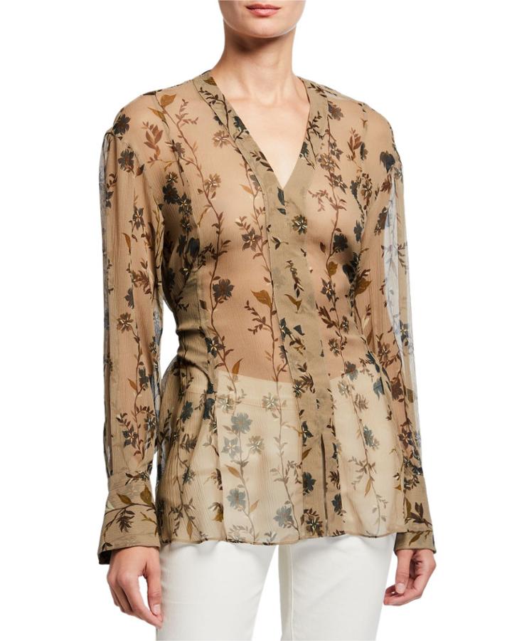 Sheer Ramage Printed Silk Tie Waist Top