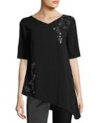 Embellished V-neck Elbow-sleeve Top
