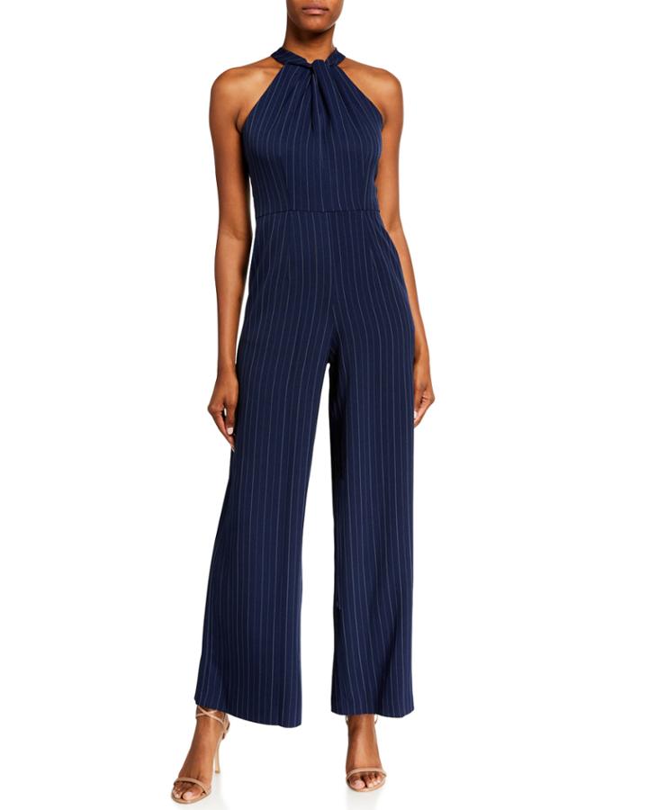 Pinstripe Knot Neck Halter Jumpsuit