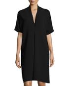 Short-sleeve Double-v Pleated Dress, Black