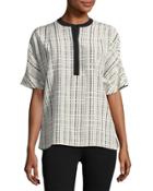 Interlace-print Rolled-sleeve Silk Tunic, White/black