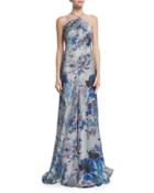 Sleeveless Floral-print Halter A-line Gown
