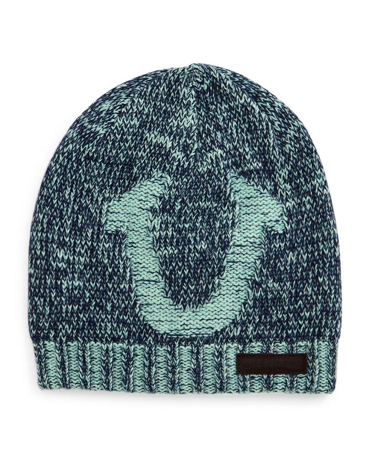 True Religion Distressed Horseshoe Beanie, Navy,