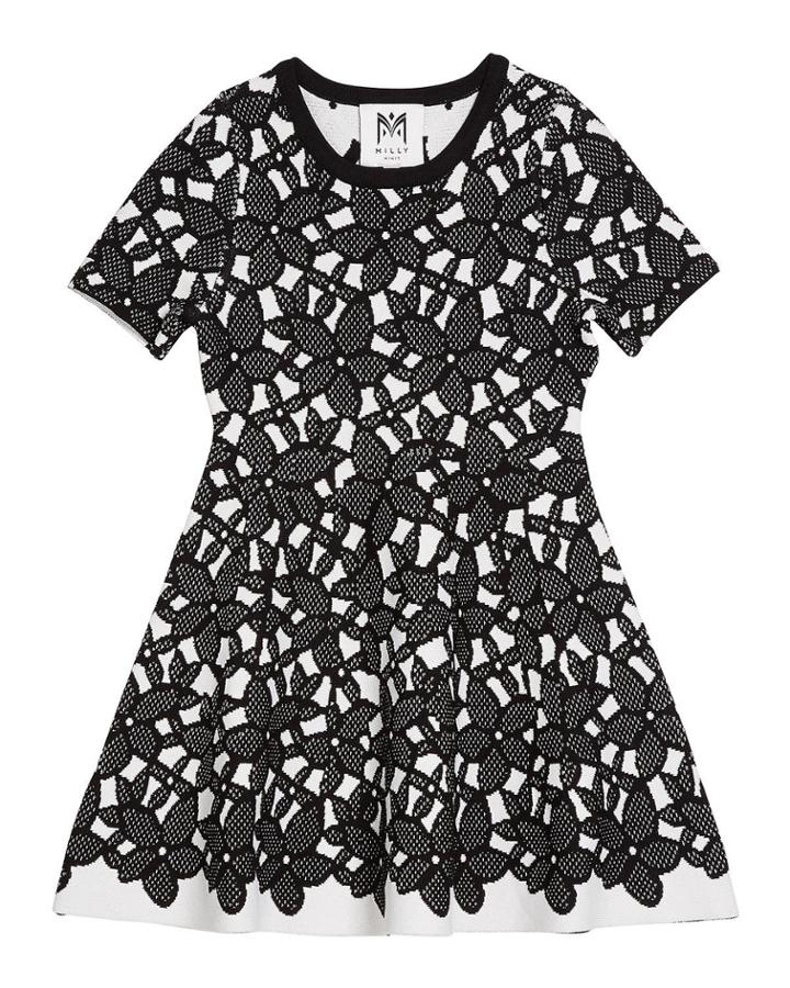 Floral-mesh Jacquard Short-sleeve Dress,