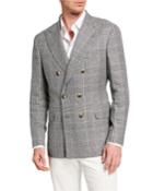 Men's Double-breasted Plaid Linen/wool/silk Blazer