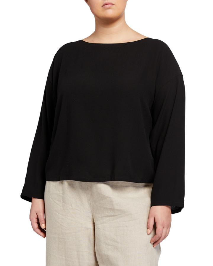 Plus Size Boat-neck Bracelet-sleeve Silk Crepe Crop Top