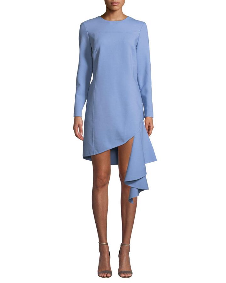 Long-sleeve Jewel Neck Cascading-hem Dress