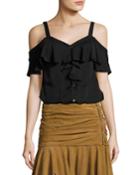 Frieda Cold-shoulder Silk Top, Black