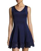 Sleeveless Lace-trim Scuba Fit & Flare Dress, Navy