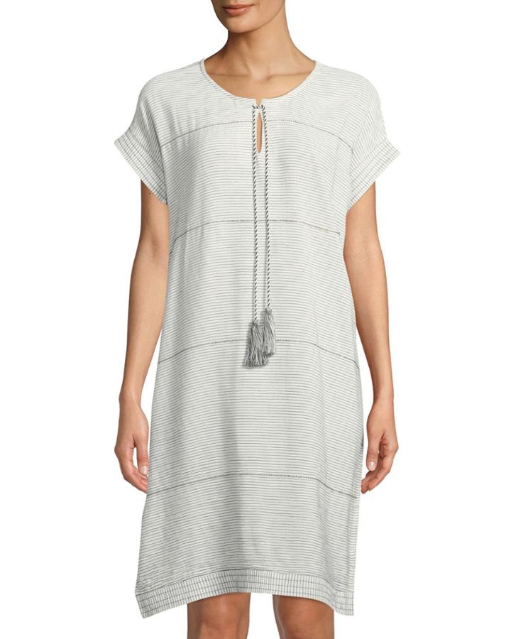 Bethie Beaded Striped Short-sleeve Tunic Dress