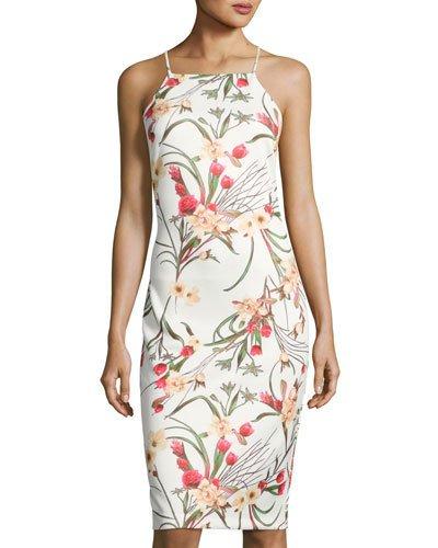Floral-print Body-con Scuba Dress, White/multi