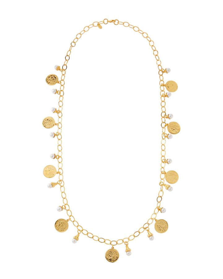 Long Coin Charm Faux Pearl Necklace,