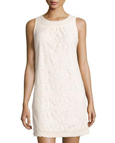 Sleeveless Beaded-neck Lace Shift Dress, Ivory