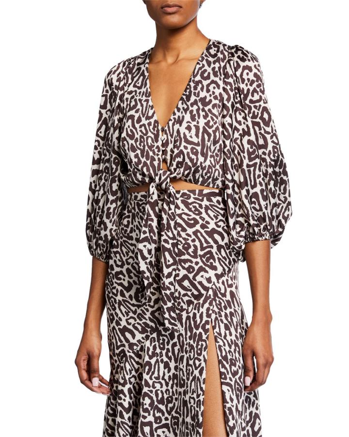 Isabella Leopard-print Cropped Tie-front Top