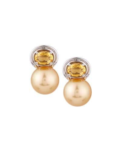 18k Golden South Sea Pearl & Citrine Drop Earrings,