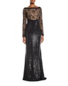 Long-sleeve Lace & Sequin Gown W/ Train