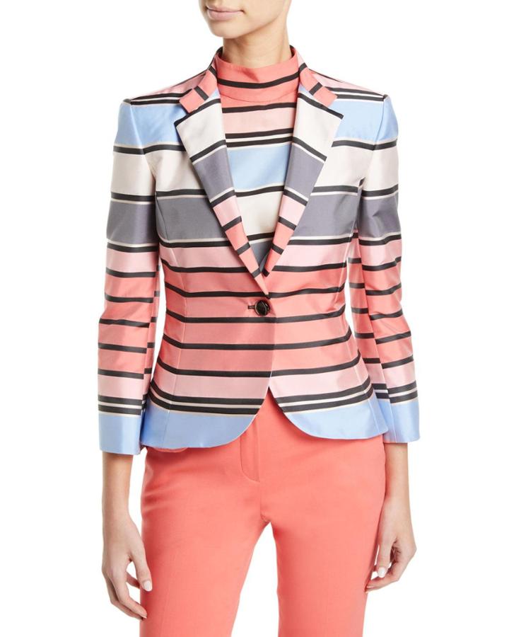One-button 3/4-sleeve Multicolor Awning-stripe Taffeta Jacket