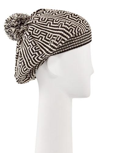 Geometric Knit Pompom Beret, Black/white