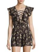 Lace-front Ruffled Floral Romper, Olive