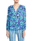 Painted Daisy Crushed Georgette Long-sleeve Tunic Blouse