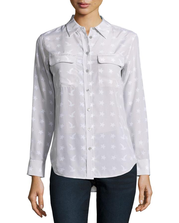 Equipment Slim Signature Stars And Bird Printed Silk Blouse, Vapor, Women's,