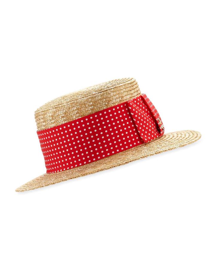 Dotted-ribbon Trim Boater Hat