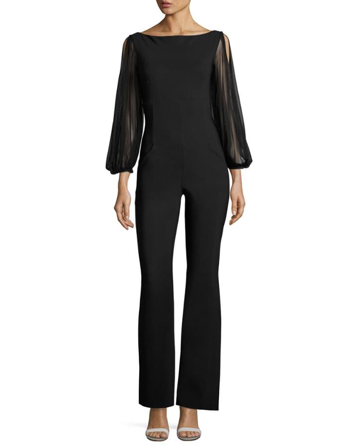 Daul Sheer-sleeve Flare-leg Jersey Jumpsuit, Black
