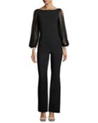 Daul Sheer-sleeve Flare-leg Jersey Jumpsuit, Black
