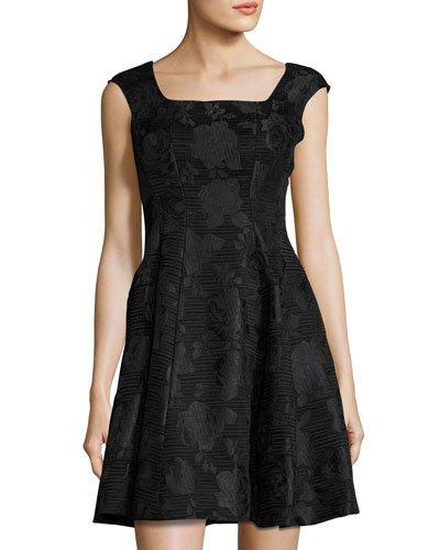 Square-neck Brocade Dress, Black Pattern