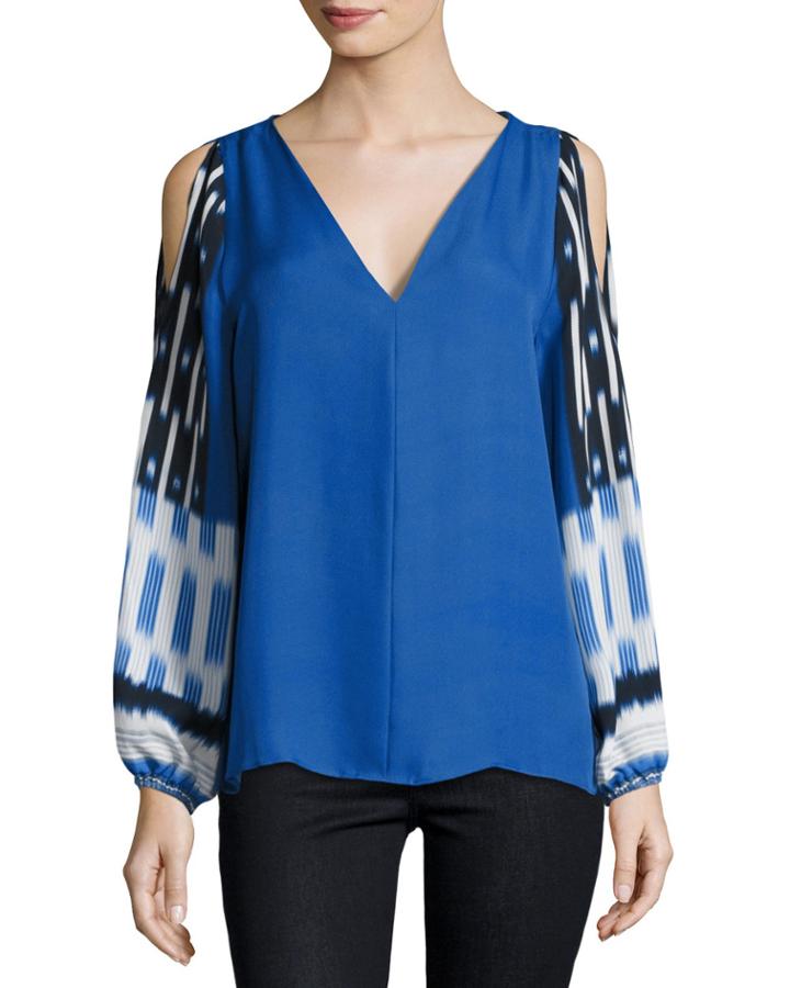 Sahara Mixed-print Cold-shoulder Silk Blouse,