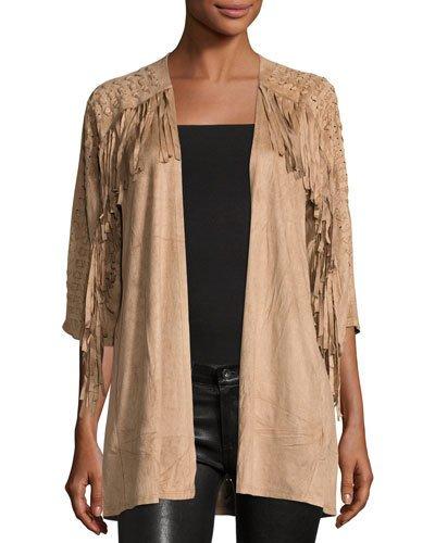 Faux-suede Fringed Cardigan, Camel