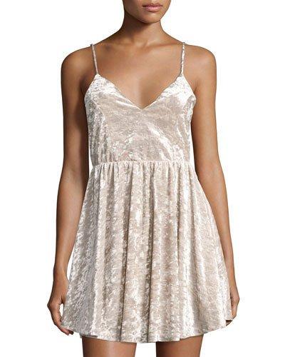 Crushed Velvet Spaghetti-strap Dress, Gray