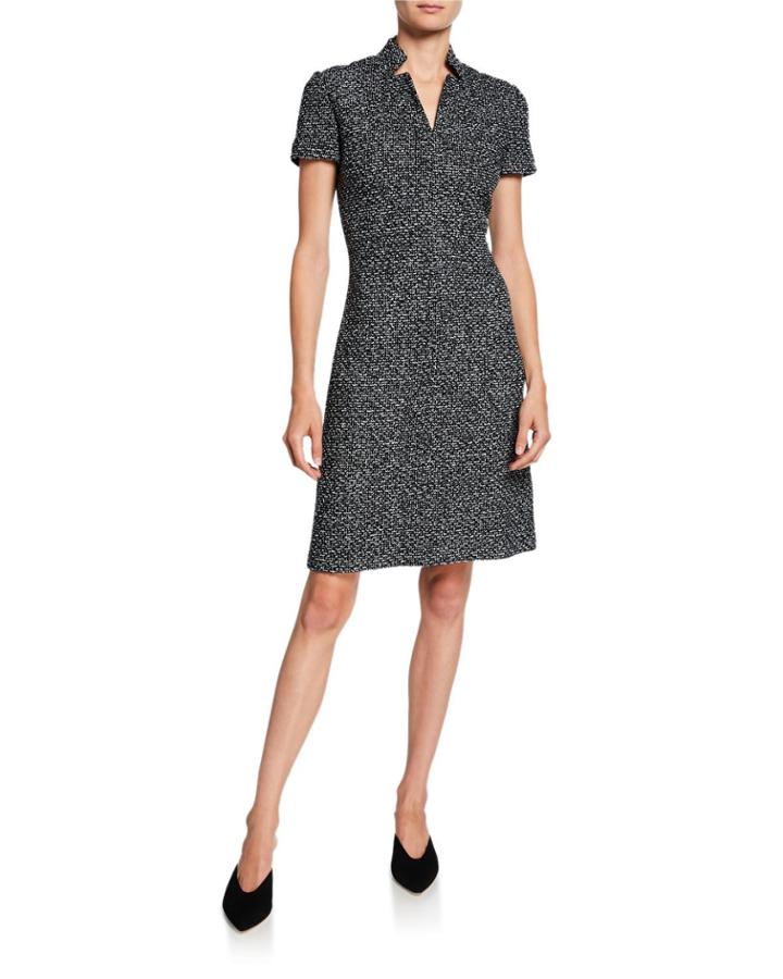 Short-sleeve Textured Boucle Tweed Dress With Inverted Collar