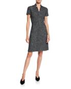 Short-sleeve Textured Boucle Tweed Dress With Inverted Collar