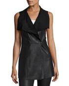Drape-front Leather Long Vest, Black
