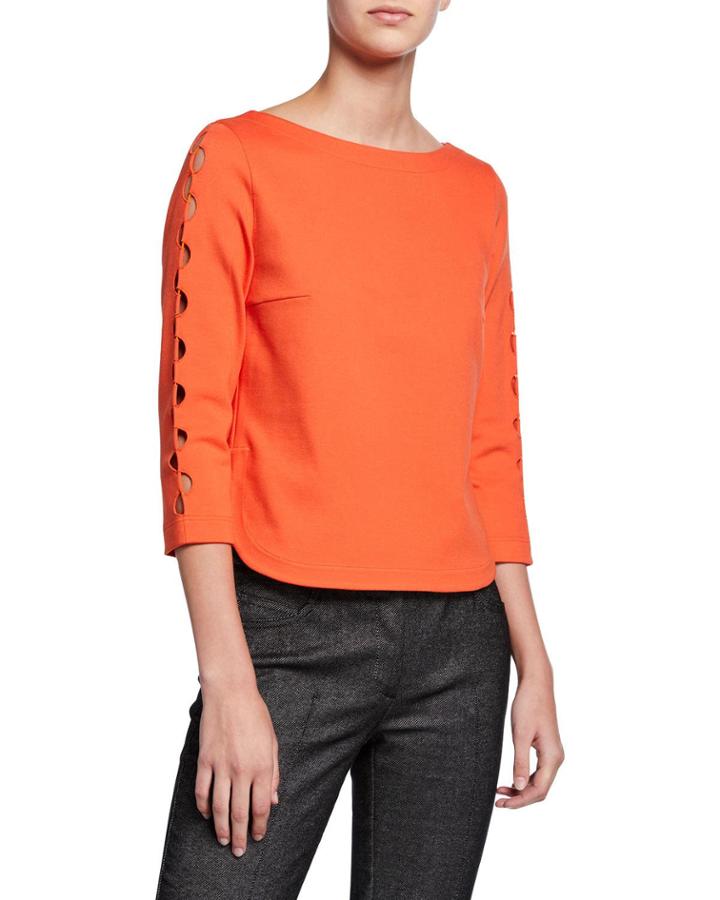 Boat-neck 3/4-sleeve Jersey Top With Semicircle Detail
