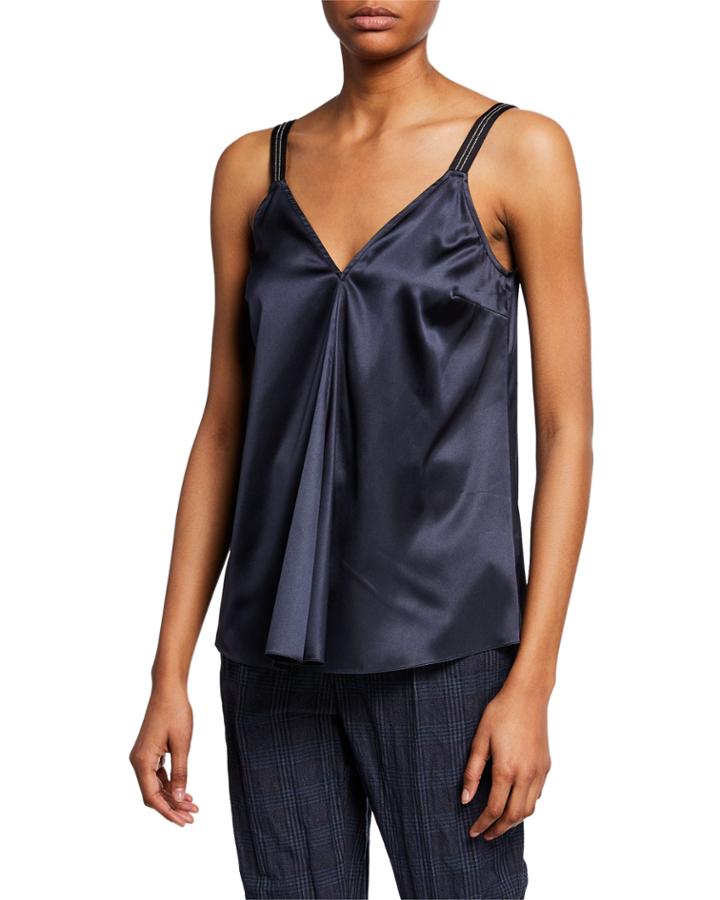 Shiny V-neck Tank With Grosgrain