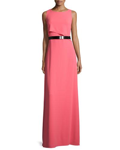 Sleeveless Asymmetric-flutter Belted Gown,