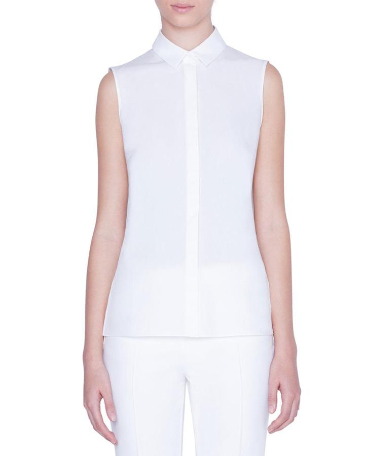 Sleeveless Button-front Shirt With Embroidered-peplum Back